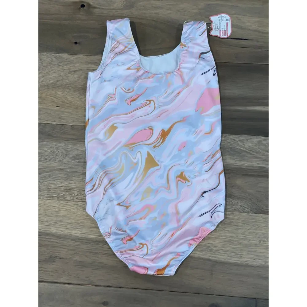 Girls Pink Blue & Gold Swirl One‑Piece Swimsuit Size M (7/8) NWT